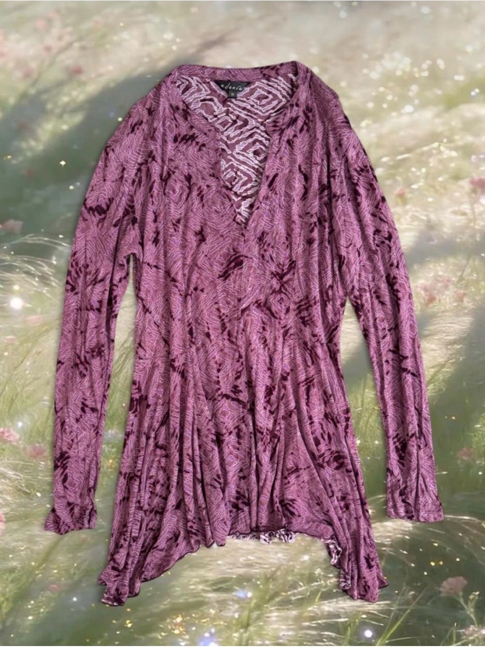 Fairy Grunge Pink Burgundy Asymmetrical V Neck Soft Draped Top Shirt Flared Boho